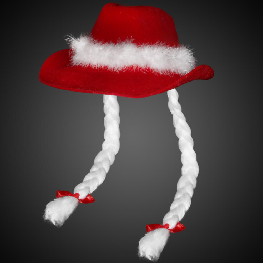WM-25 Weihnachts Cowboyhut rot mit extra langen Zöpfen  