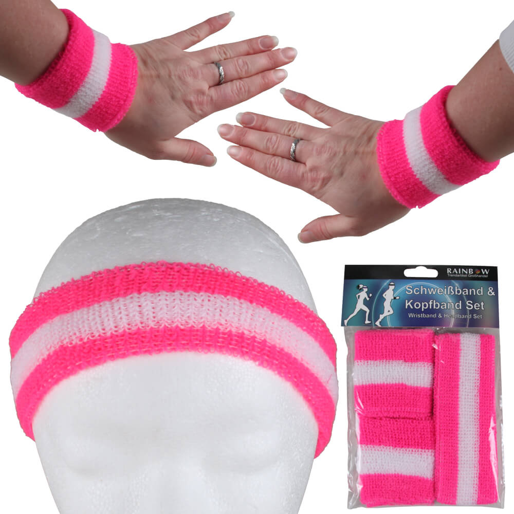 SBA-13 Schweißband Kopfband Set pink weiß gestreift