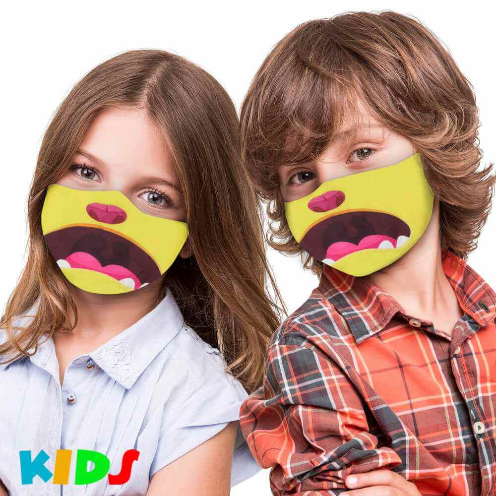AMK-106 bedruckte Kindermasken Kinder Masken mit Druck gelb Monster Mund Comic erschrocken