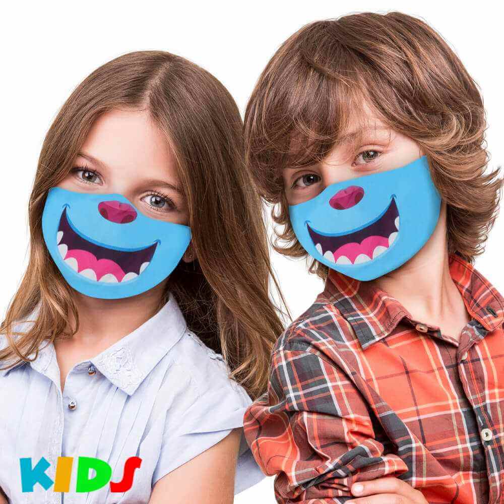 AMK-107 bedruckte Kindermasken Kinder Masken mit Druck blau Monster Mund Comic lachen