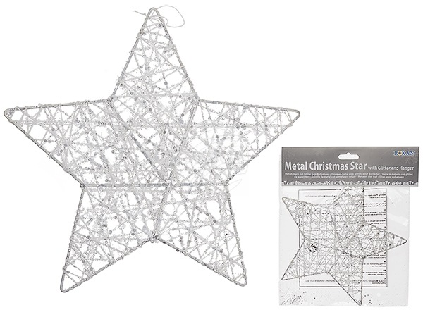 939036 Weißer Metall-Stern mit Glitter, zum Aufhängen, ca. 20 cm, im Polybeutel mit Headercard, 3888/PAL
