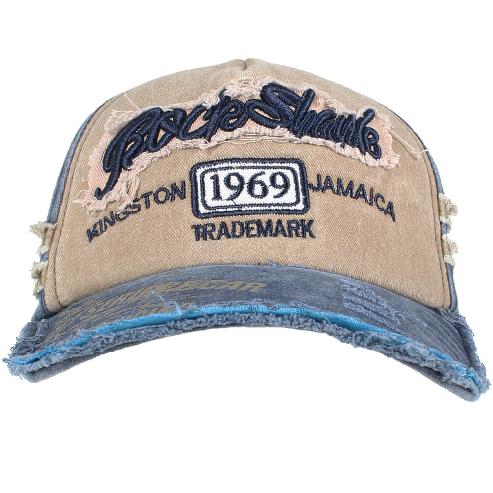 CAP-294 Vintage Retro Distressed Trucker Cap blau beige Rock Shark 1969 One Size Fits all