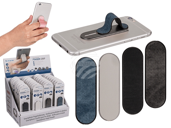 69-0111 Smartphone-Fingerhalterung, Momo Stick, auf Blisterkarte, Denim Serie, 4-fabrig sortiert, 32 Stück im Display, 4096/PAL