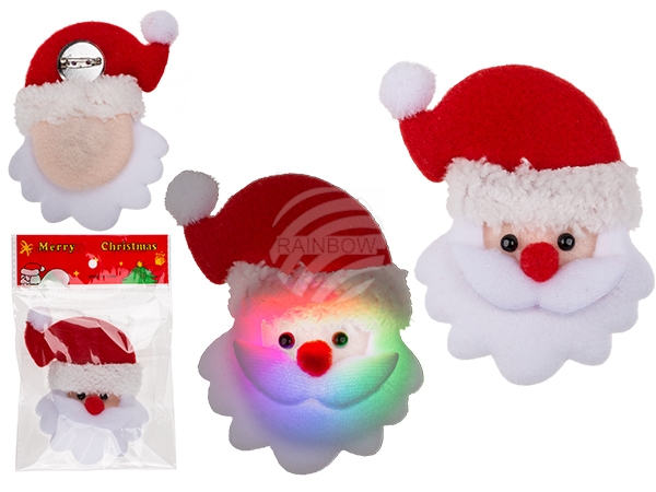 960180 Stoff-Weihnachtsmann-Button, Blinkie, mit LED (inkl. Batterien) ca. 11,5 x 8 cm, im Polybeutel mit Headercard