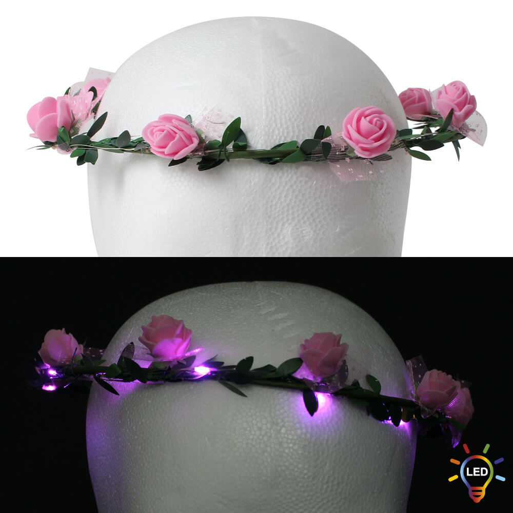 BK-57 LED Haarband Haarkranz mit rosa pink Rosen und rosa pink LED Kette