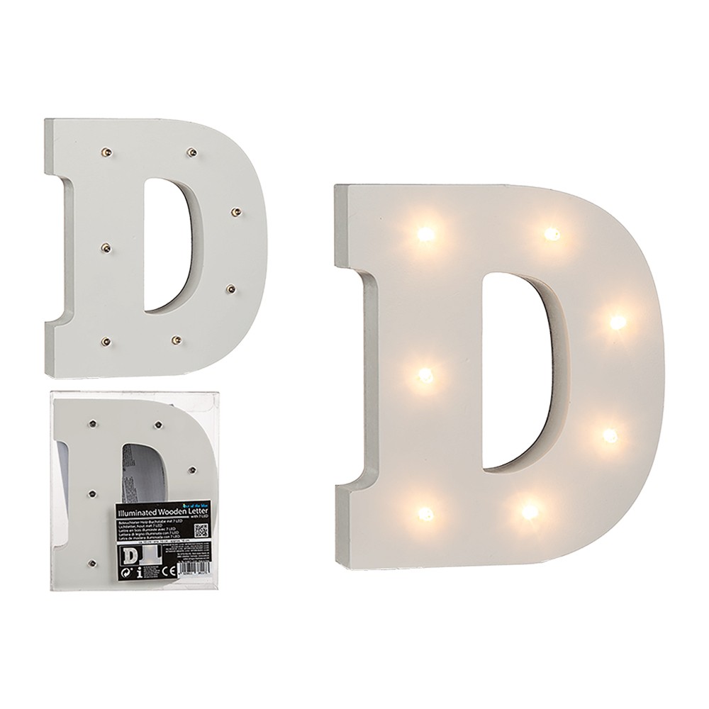 57-6077 Beleuchteter Holz-Buchstabe D, mit 7 LED, ca. 16 cm, für 2 Micro Batterien (AAA), 864/PAL