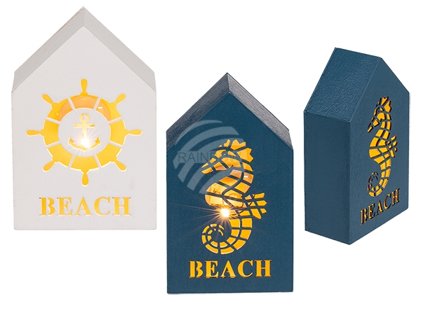 830390 Holz-Haus, Beach, mit warmweißen LED (inkl. Batterien) ca. 13 x 8,5 cm, 2-fach sortiert, 1728/PAL