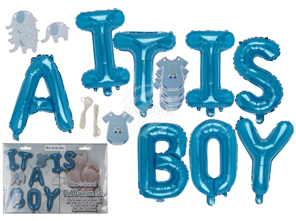 62-0826 Blaues Folien-Luftballon-Set, It is a Boy, ca. 35 cm & 12 Papier-Banner, ca. 10 cm, im Polybeutel mit Headercard