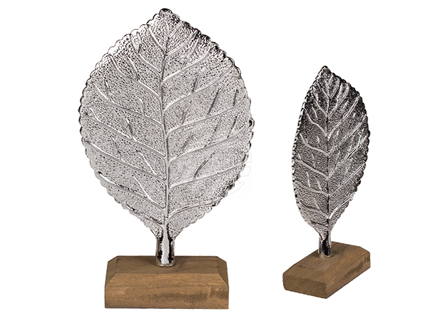 260162 Silberfarbenes Polyresin-Blatt auf Holz-Standfuß, ca. 22,5 x 12,5 cm