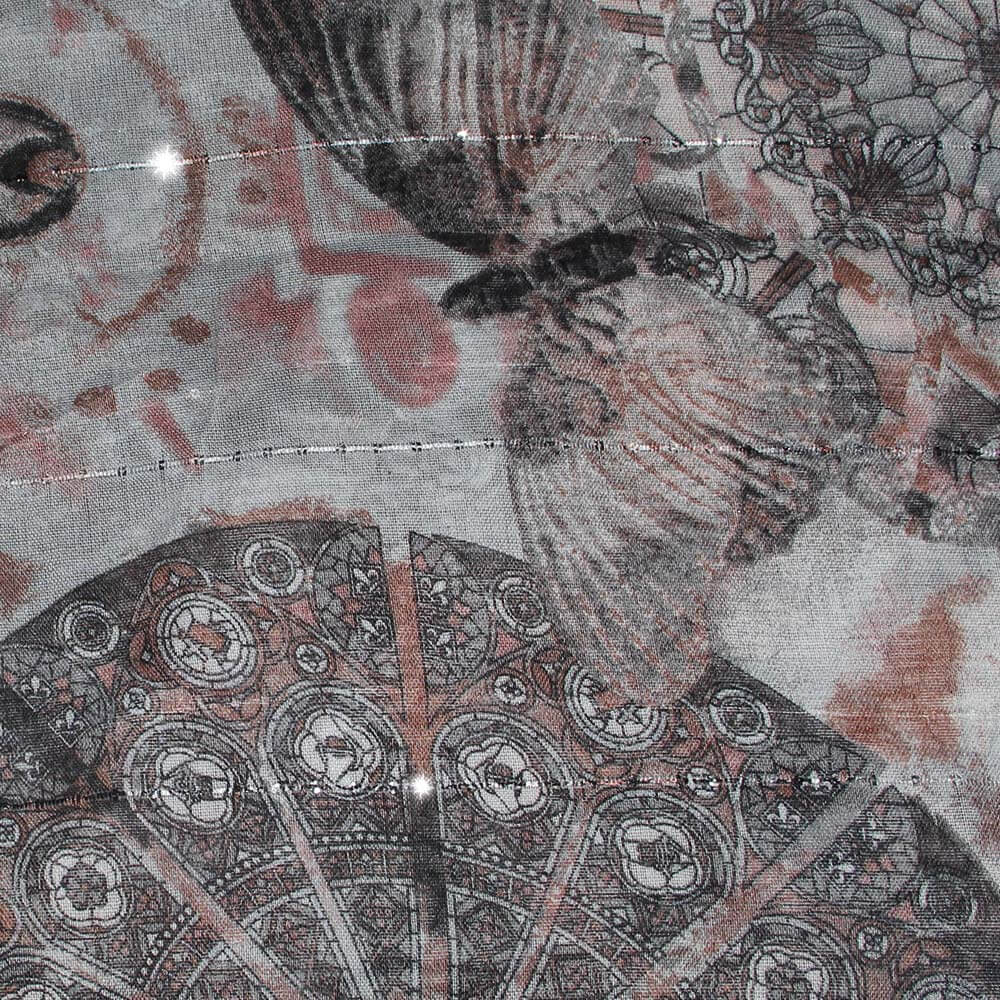 SCH-1622b Damen Loopschal mit Pailletten Paisley Ornamente Batik verwaschen abstrakt Formen geometrisch grau silber