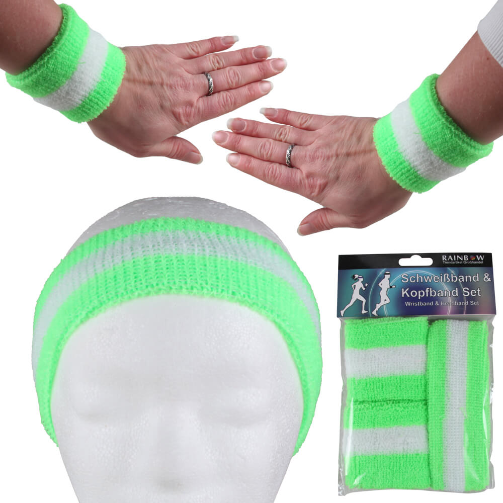 SBA-06 Schweißband Kopfband Set neon grün weiß gestreift