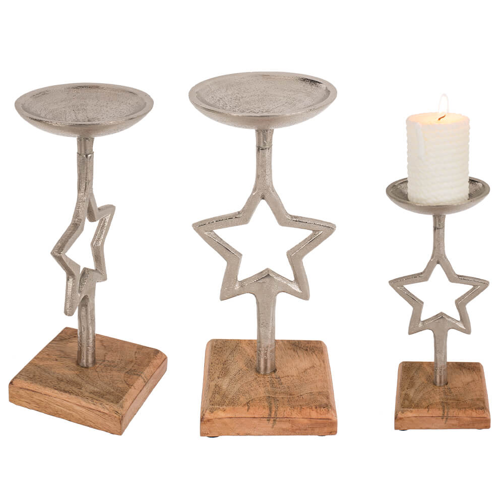 260179 Silberfarbener Kerzenständer, Stern, auf Holz-Standfuß, ca. 26 x 13 cm