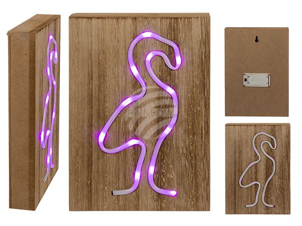 220377 Pinkfarbene Neon-Leuchte in Holzbox, Flamingo, ca. 24 x 17 cm, für 2 Mignon Batterien (AAA) in Geschenkbox