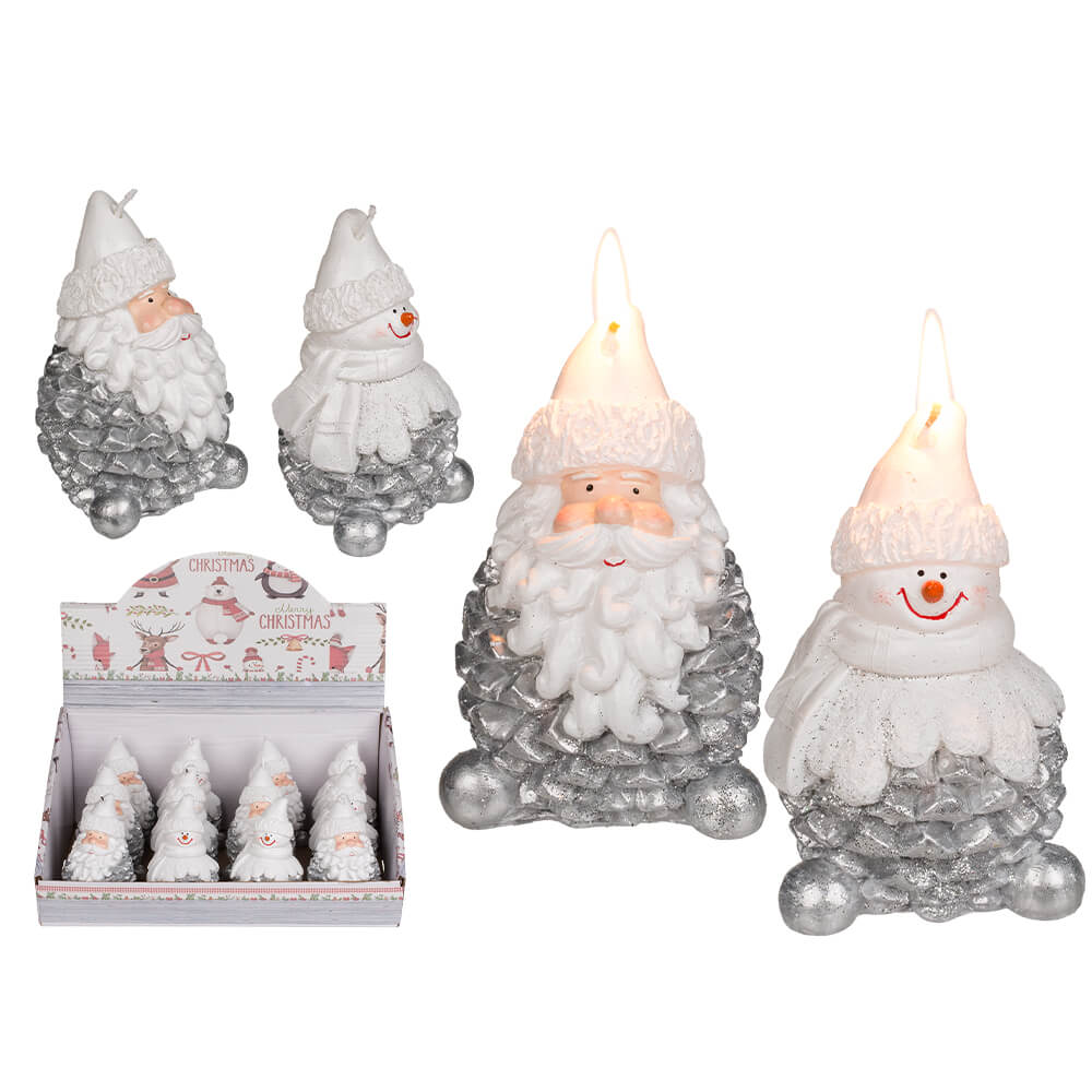 950138 Kerze, Weihnachtsmann & Schneemann sortiert, auf Zapfen, ca. 6 x 9,5 cm, 12 Stück im Display