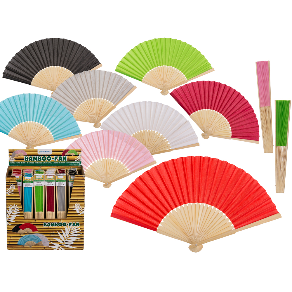 230043 Fächer, ca. 21 cm, aus Bambus, 8-farbig sortiert, 24 Stück im Display
