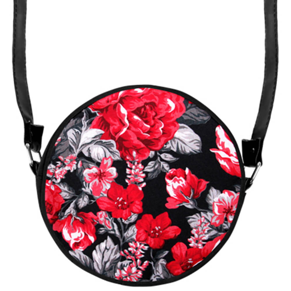 HT-016 Runde Motiv-Handtasche "Rote Blumen"