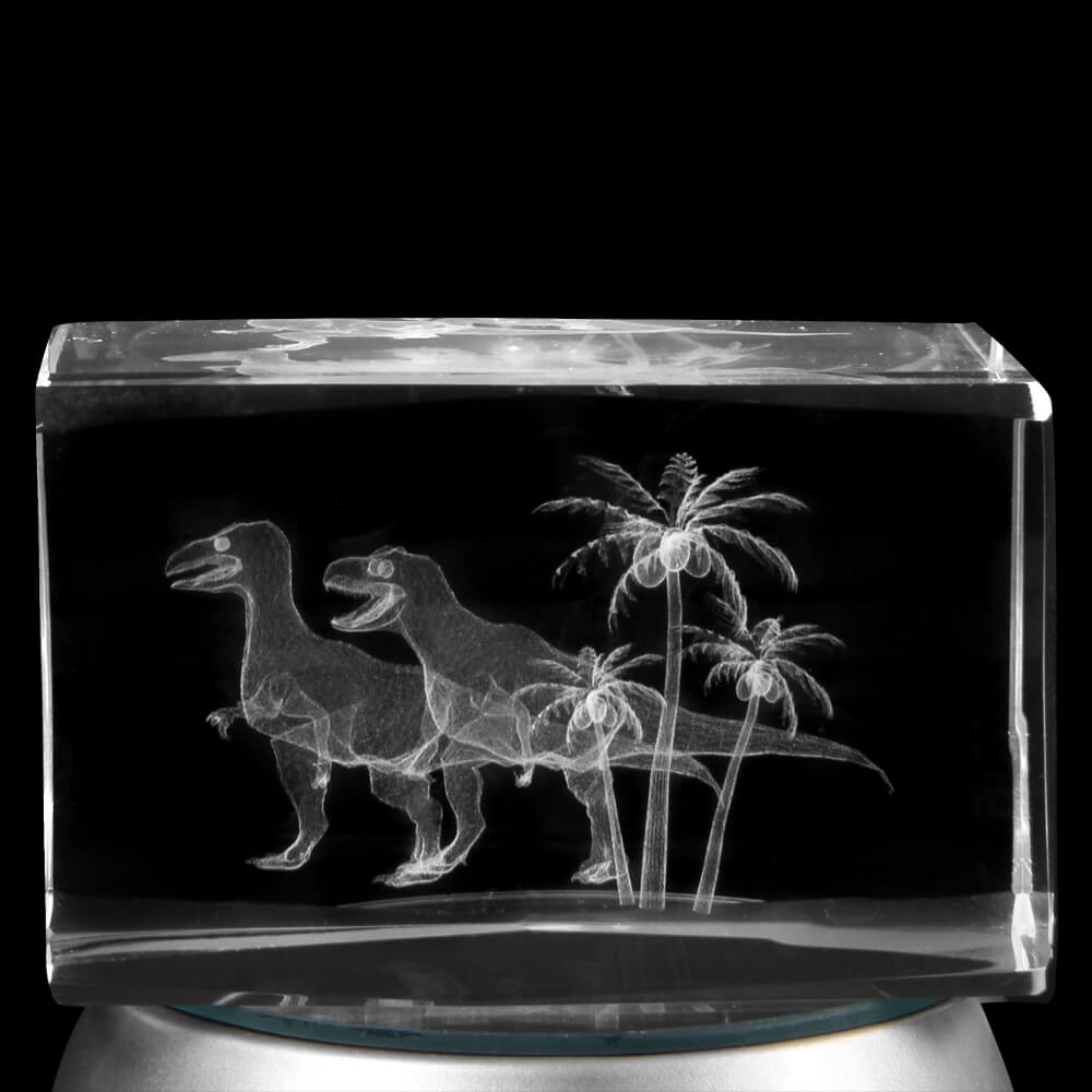 KQ-120 Kristall Quader Motiv: Dinosaurier, Palmen Farbe: klar