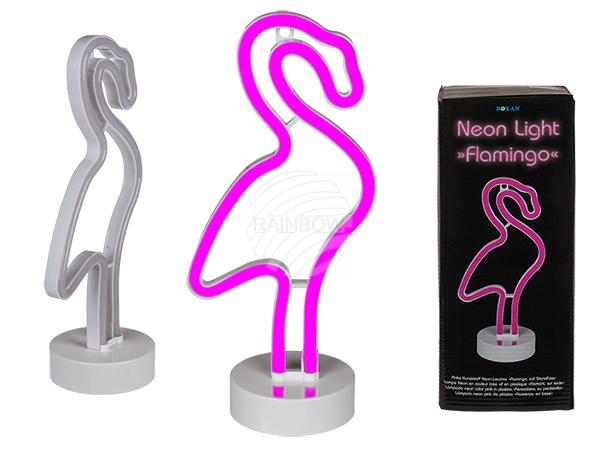 220372 Pinkfarbene Kunststoff-Neon-Leuchte, Flamingo, auf Standfuß, ca. 30 cm, für 3 Mignon Batterien (AA) in Geschenkbox, 240/PAL