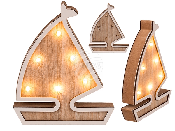 830389 Holz-Segelschiff mit 6 warmweißen LED, ca. 16 x 13,5 cm, für 2 Micro Batterien (AAA) in PVC Box, 1248/PAL