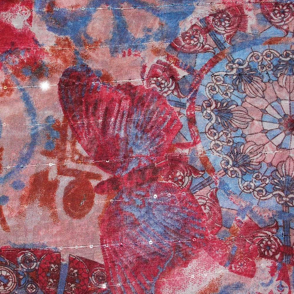 SCH-1622d Damen Loopschal mit Pailletten Paisley Ornamente Batik verwaschen abstrakt Formen geometrisch rot rosé weinrot