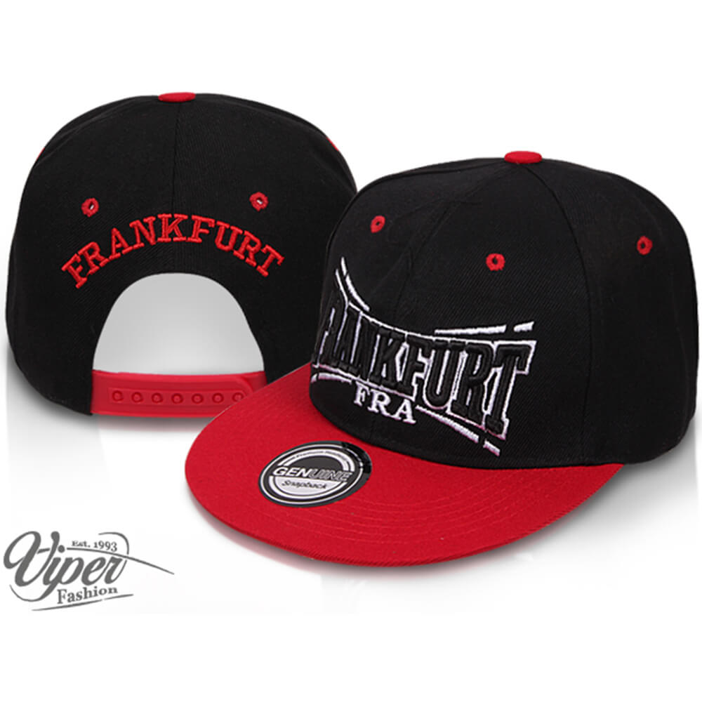 CAP-FRA01 Snapback Flatbrim Cap "Frankfurt" Farbe: schwarz / rot