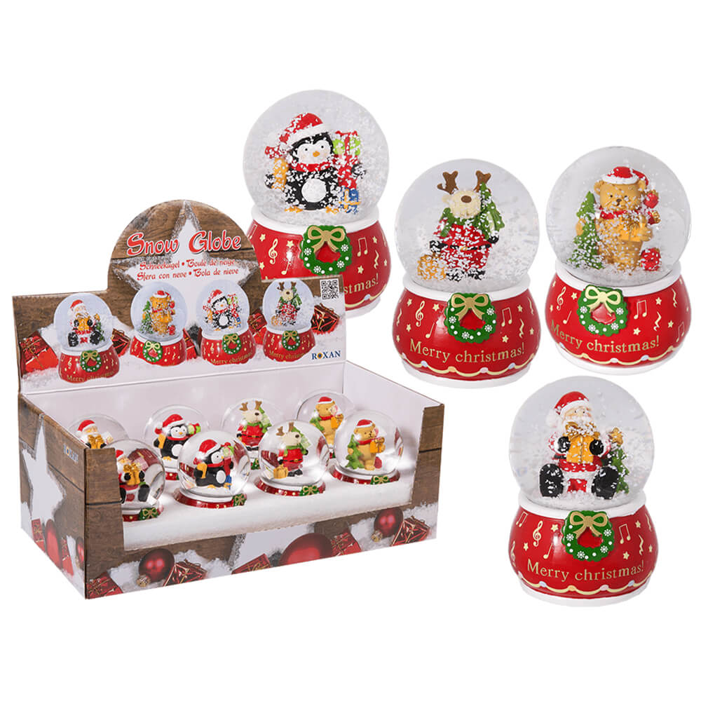 946109 Polyresin-Schneekugel, Weihnachtsfigur, Merry Christmas auf rotem, rundem Sockel, ca. 9,5 x 7 cm, 4-fach sortiert, 8 Stück im Display