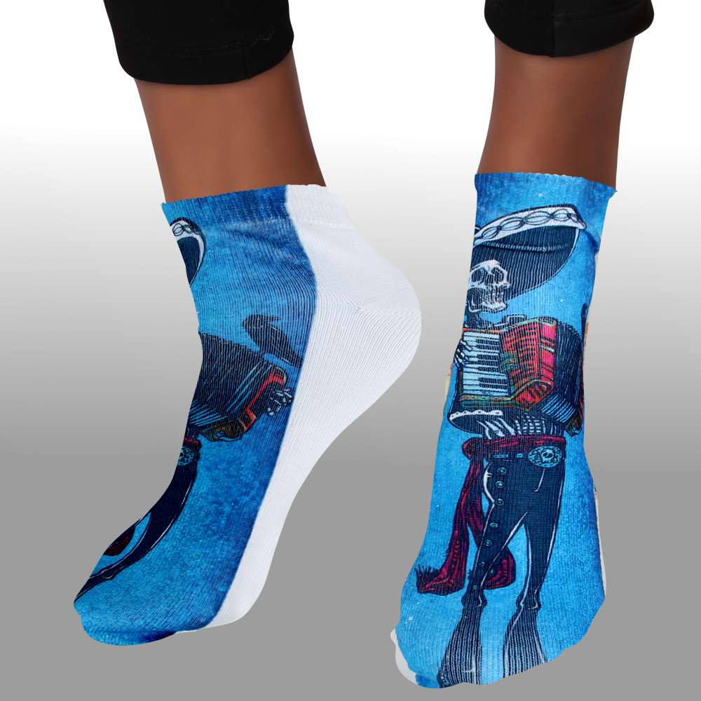 SO-L126  Motiv Socken blau weiß Mexikanisches Skelett Akkordeon