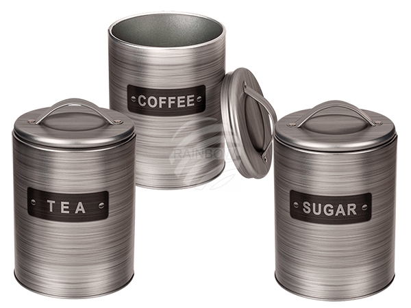 101899 Silberfarbene, runde Metall-Dose, Coffee, Tea & Sugar sortiert, ca. 10,5 x 16,5 cm, 540/PAL