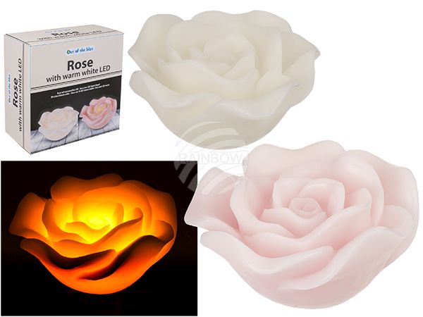 260137 Rose mit warmweißer LED, ca. 19 x 9,5 cm, aus Wachs (8 x rosa, 4 x weiß) in Geschenkkarton, für 2 Mignon Batterien (AA)