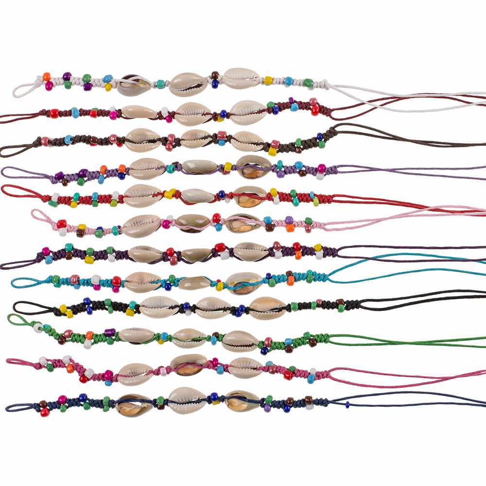 76-0196 Textil-Armband mit Muscheln & Kunststoff-Perlen, Beach Life, 12-farbig sortiert, 120 Stück auf Display
