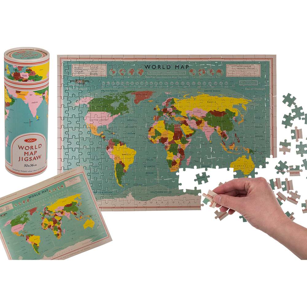 76-6084 Puzzle, Weltkarte, 300-teilig, ca. 24 x 9 cm, aus Papier, in Papp-Röhre