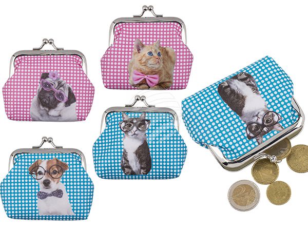 230162 Geldbörse, Hund & Katze, ca. 9 x 8 cm, aus Kunststoff, 4-fach sortiert, 12 Stück im Display