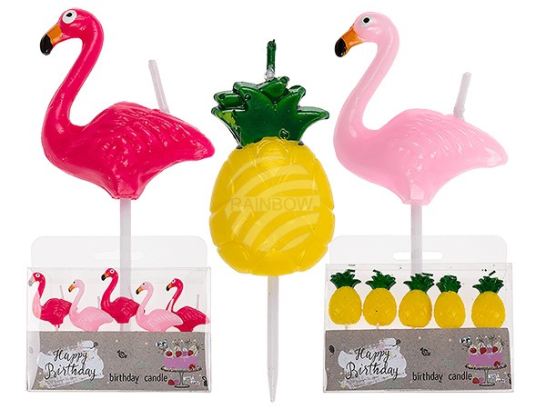 181007 5 Kerzen auf Kunststoffstab Flamingo & Ananas sortiert, ca. 4 cm, Stab ca. H: 3 cm, in PVC-Box
