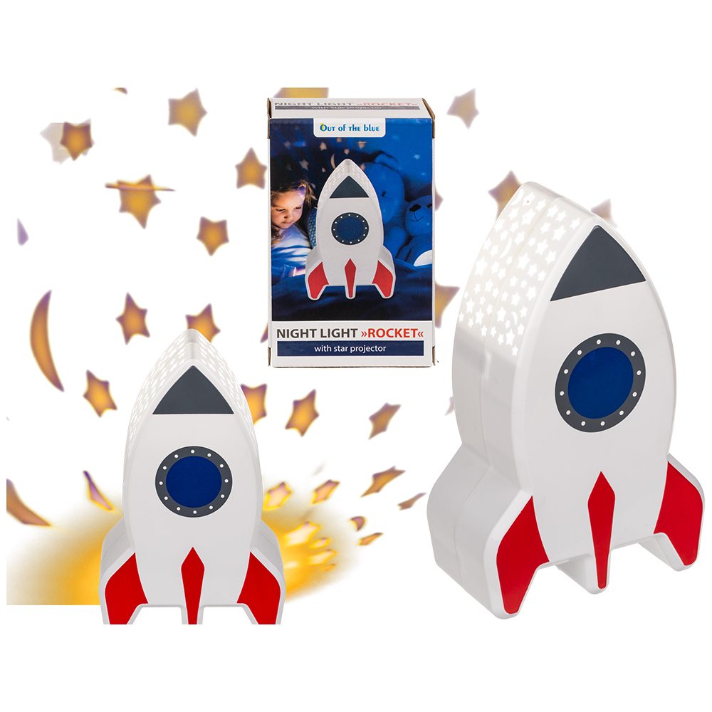 57-3049 Nachttischleuchte mit Sternenprojektor, Rakete, ca. 15 cm, aus Kunststoff, für 3 Micro Batterien (AAA) im Geschenkkarton
