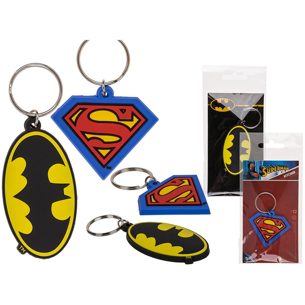 12-0009 Metall-Schlüsselanhänger, Superman & Batman, ca. 7 cm, aus Gummi, 2-fach sortiert, auf Blisterkarte, 12960/PAL