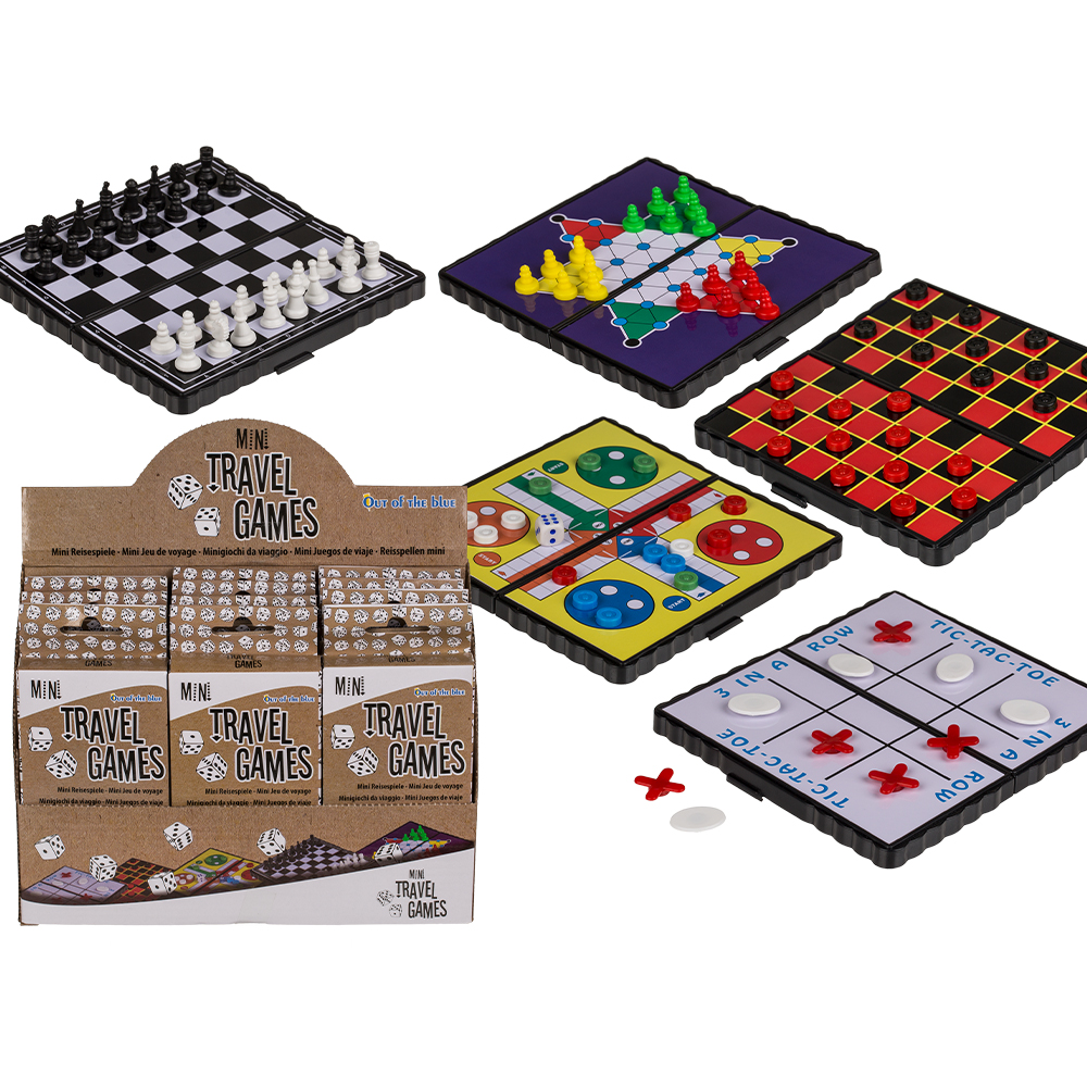 79-7009 Magnetische Reisespiele, Mini (Schach, Ludo, Dame, Halma & Drei gewinnt) ca. 13 x 7 cm, in Verpackung mit Headercard, 12 Stück im Display