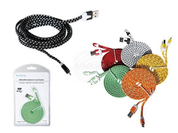 69-0067 USB-Kabel mit Textilummantelung, für iPhone 5, 5s, 6 & 6 Plus, L: ca. 2 m, 6-farbig sortiert, in Blisterpackung zum Aufhängen, 2400/PAL