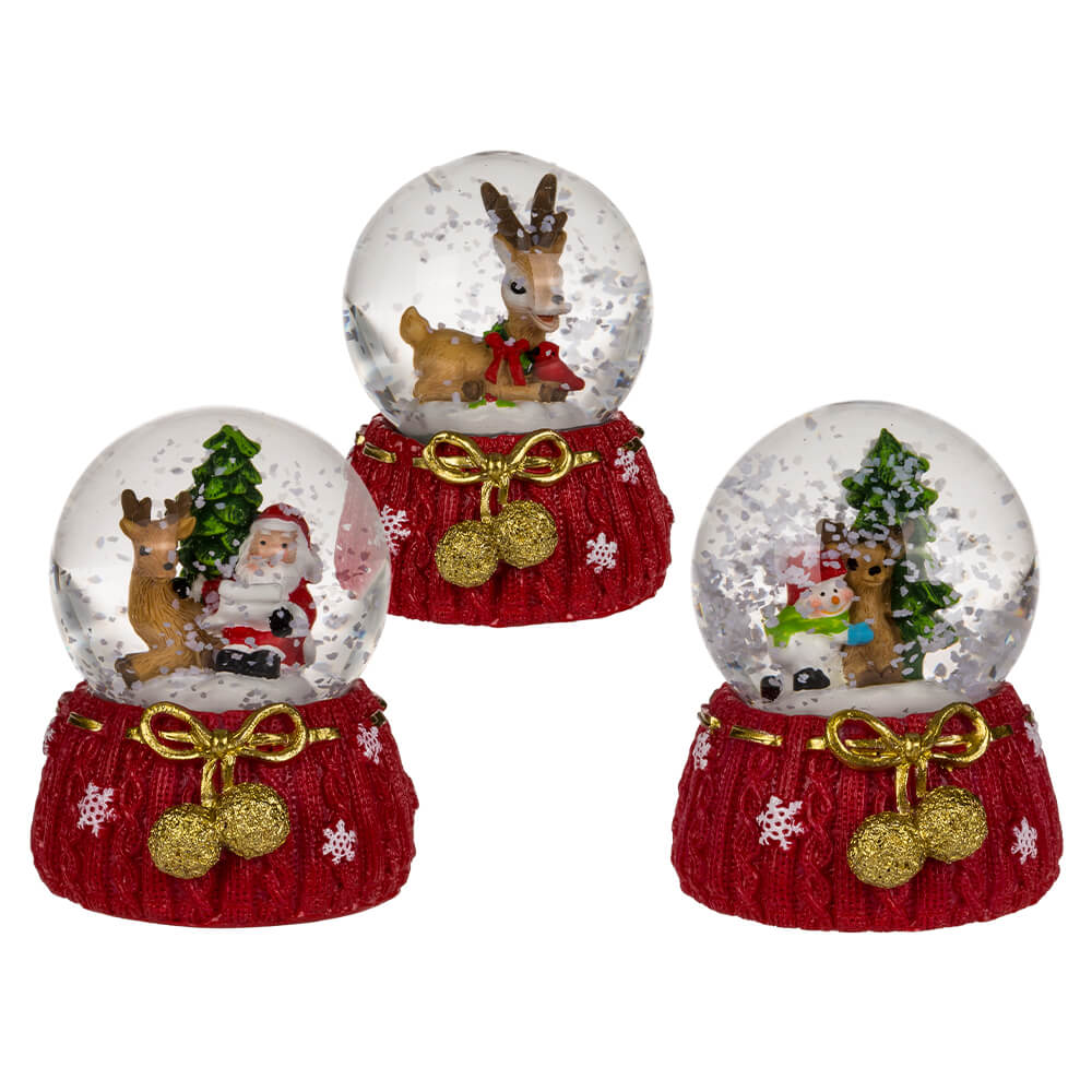 950141 Schneekugel mit Rentier & Weihnachtsmann, auf rotem Sockel, ca. 5,5 x 6,5 cm, aus Polyresin, 3-fach sortiert, 12 Stück im Display