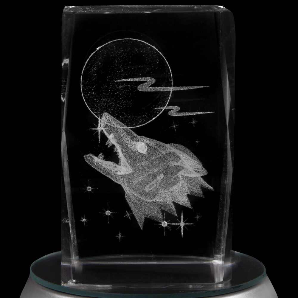 KQ-106 Kristall Quader Motiv: Wolf, Vollmond, Sterne Farbe: klar