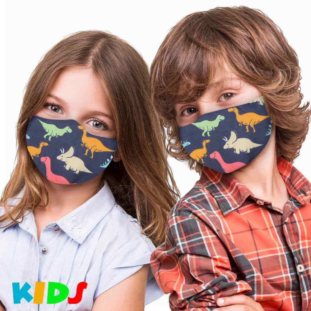 AMK-100 bedruckte Kindermasken Kinder Masken mit Druck violett dunkelblau Dinos Dinosaurier
