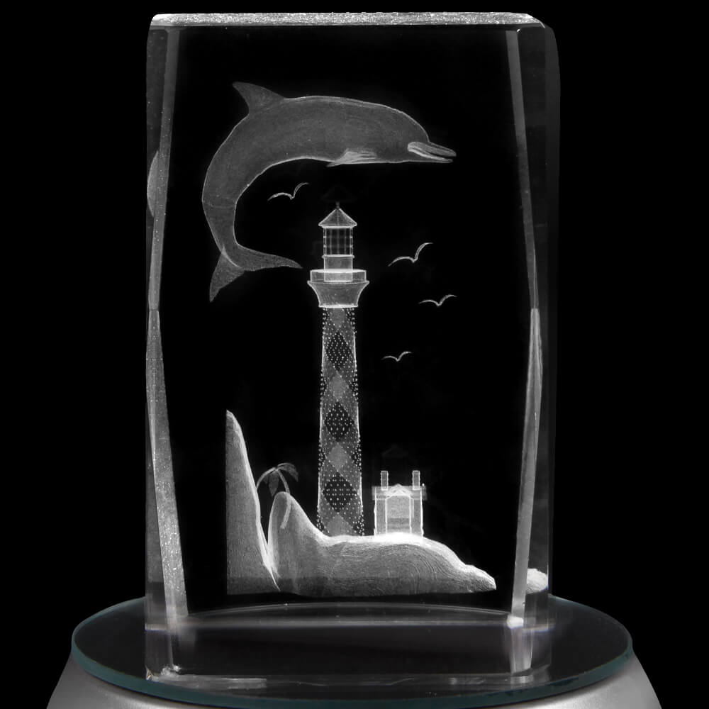 KQ-109 Kristall Quader Motiv: Delphin, Leuchtturm Farbe: klar