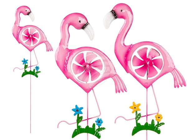 220134 Metall-Gartenstecker, Flamingo mit Windrad, ca. 16 x 26 x 60 cm, 2-fach sortiert, 6 Stück im Polybeutel