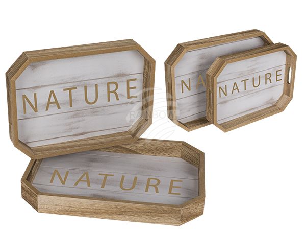 144330 Natur/weißfarbenes Holz-Tablett, Nature,  2er Set ,ca. 35,5 x 25,5 cm & 30,5 x 22 cm