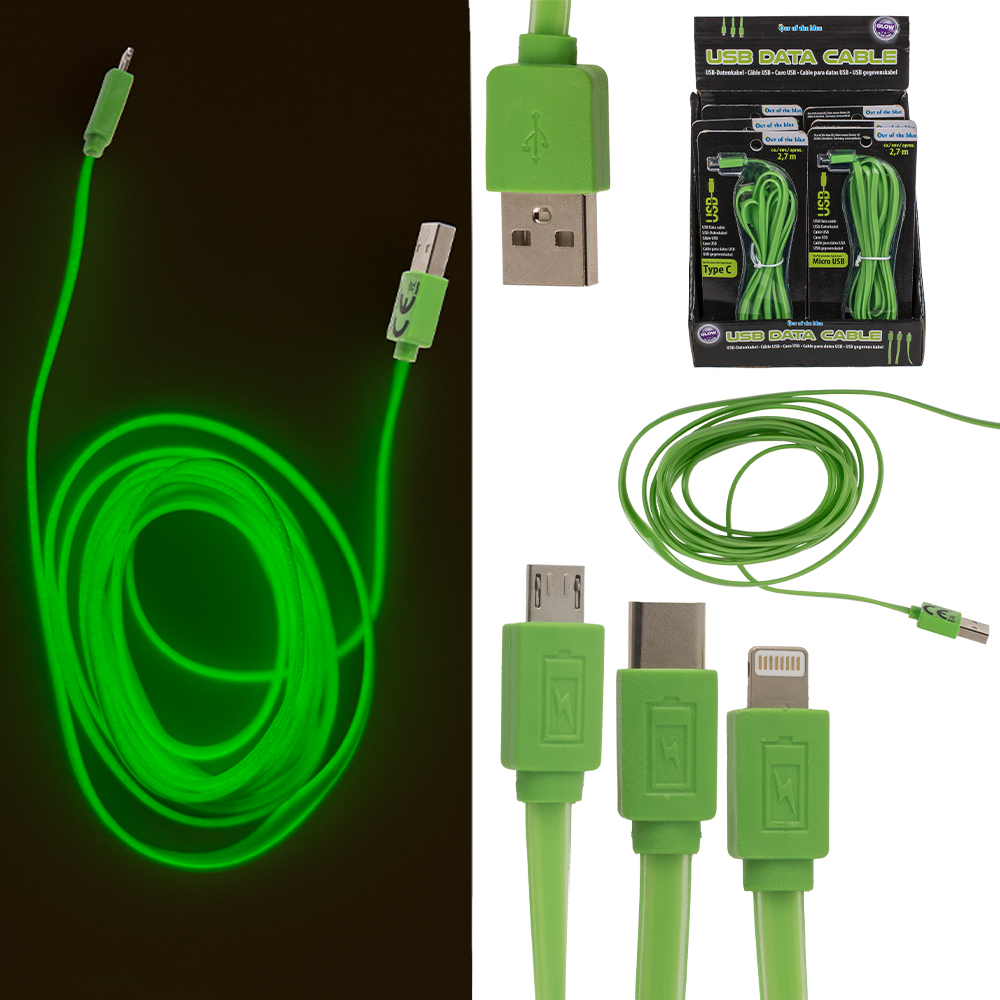 57-9234 Grünes USB-Datenkabel, leuchtet im Dunkeln, für iPhone, Typ C & Micro sortiert, ca. 2,7 m, 12 Stück im Display