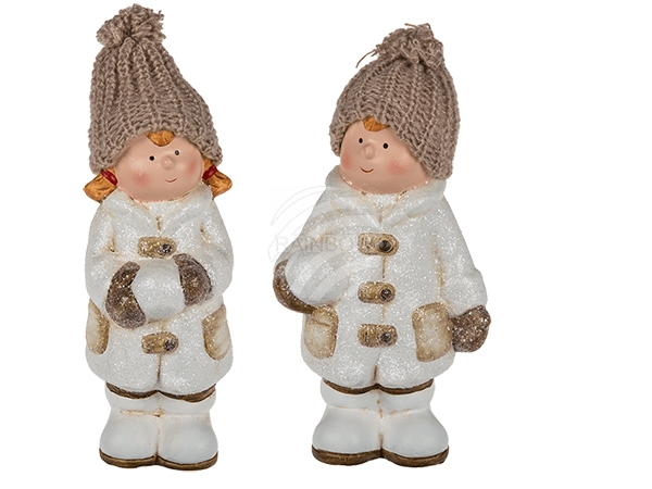 960311 Weiße Keramik-Kinder mit cremefarbener Wollmütze, ca. 10 x 23 cm, 2-fach sortiert, 384/PAL