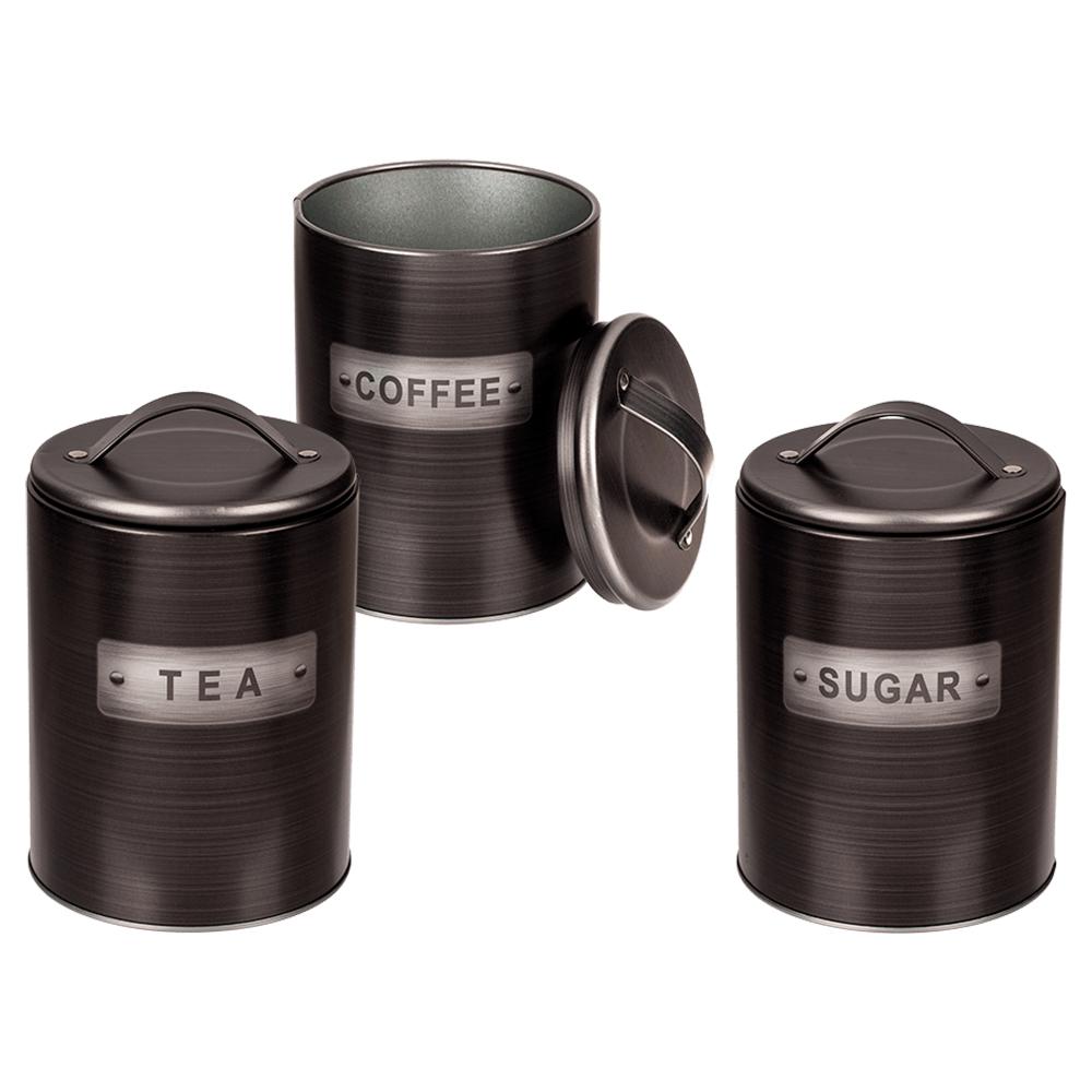 101898 Schwarze, runde Metall-Dose, Coffee, Tea & Sugar sortiert, ca. 10,5 x 16,5 cm, 540/PAL