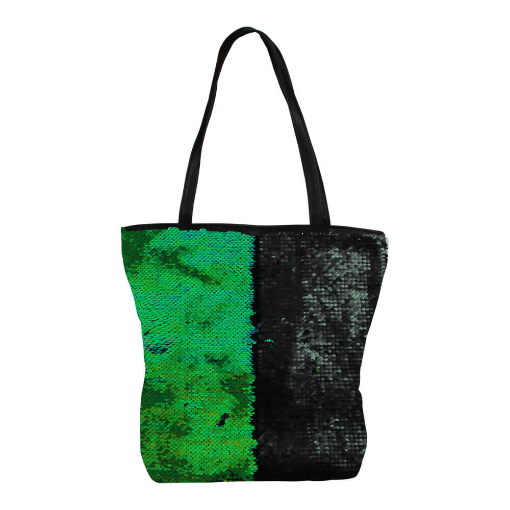 TT-P02 Shopper Einkaufstasche Strandtasche grün schwarz Paillettendesign ca. 37 cm x 34 cm