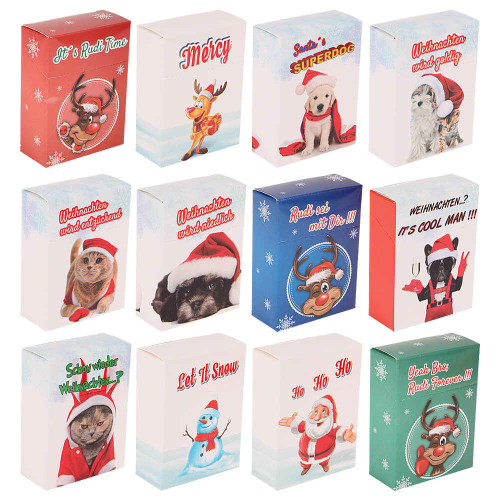 ZB-028 Display für Zigarettenhüllen aus Pappe Ausstattung: 4 Schachtelgrößen L, XL, XXL und LONG (100-er) Größe: 12 Motive á 3 Schachteln je Größe (144 Schachteln) Thema: Weihnachten