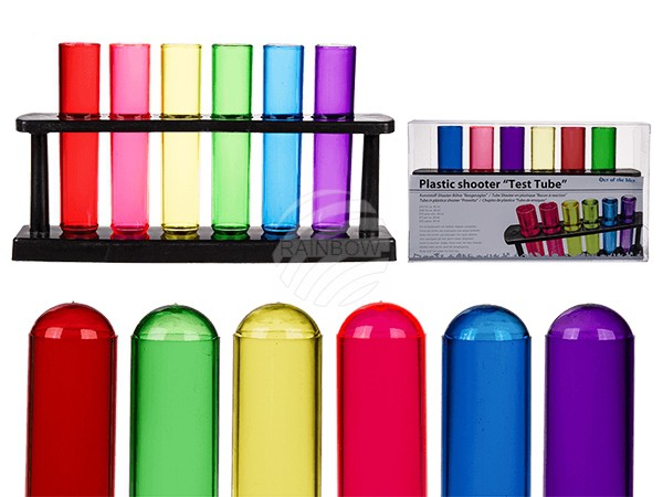 93-2072 Shooter-Röhre, Reagenzglas, für ca. 40 ml, aus Kunststoff, 6-farbig sortiert, 6 Stück im Halter, in Kunststoff-Box, 576/PAL