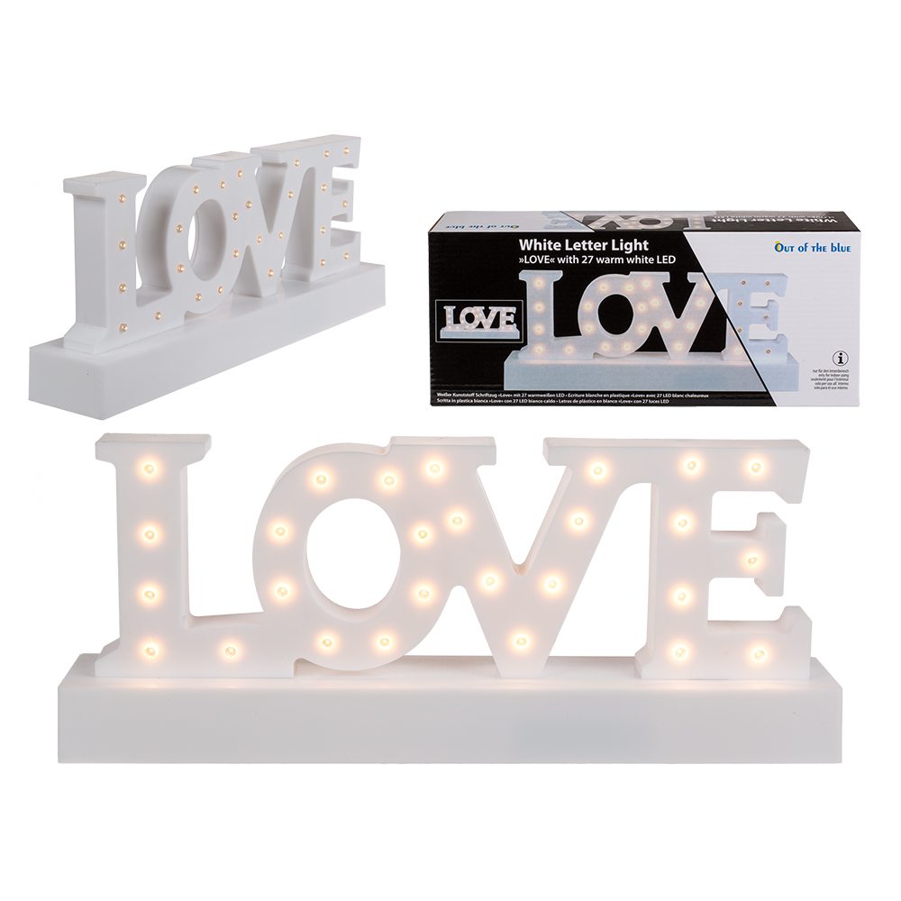 220340 Weißer Schriftzug, Love, mit 27 warmweißen LED, ca. 30 x 12 cm, aus Kunststoff, für 3 Mignon Batterien (AA) im Geschenkkarton, 360/PAL